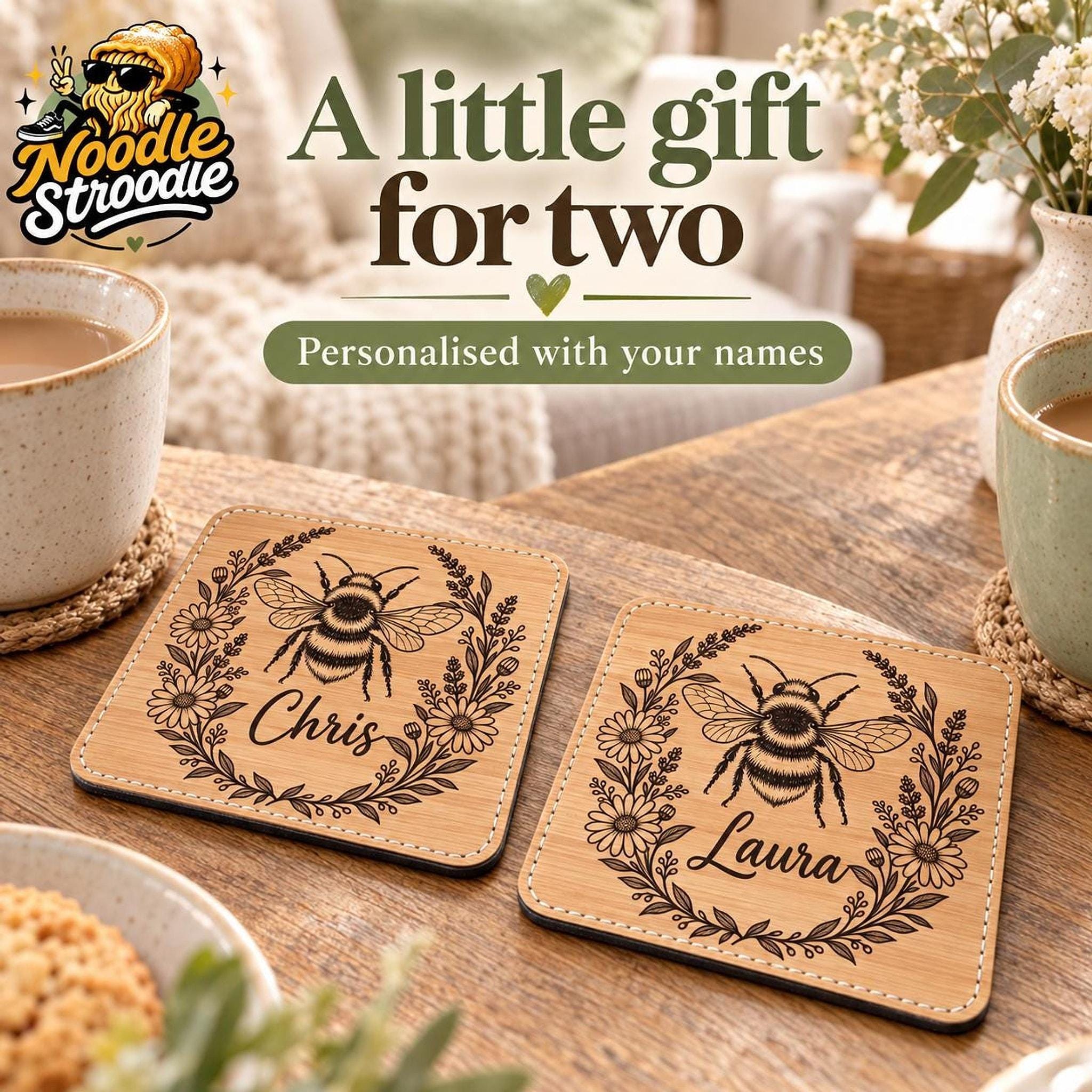 Personalised Coaster With Bee Design, Engraved Leatherette, 10 cm Square Set Options - Image 9
