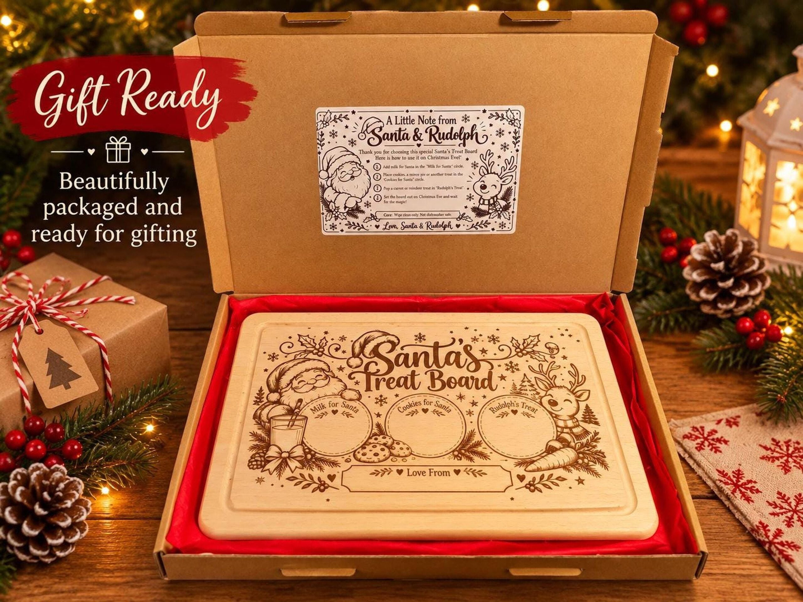 Santa Treat Board, Personalised Solid Beech Wood Christmas Eve Laser Engraved - Image 2