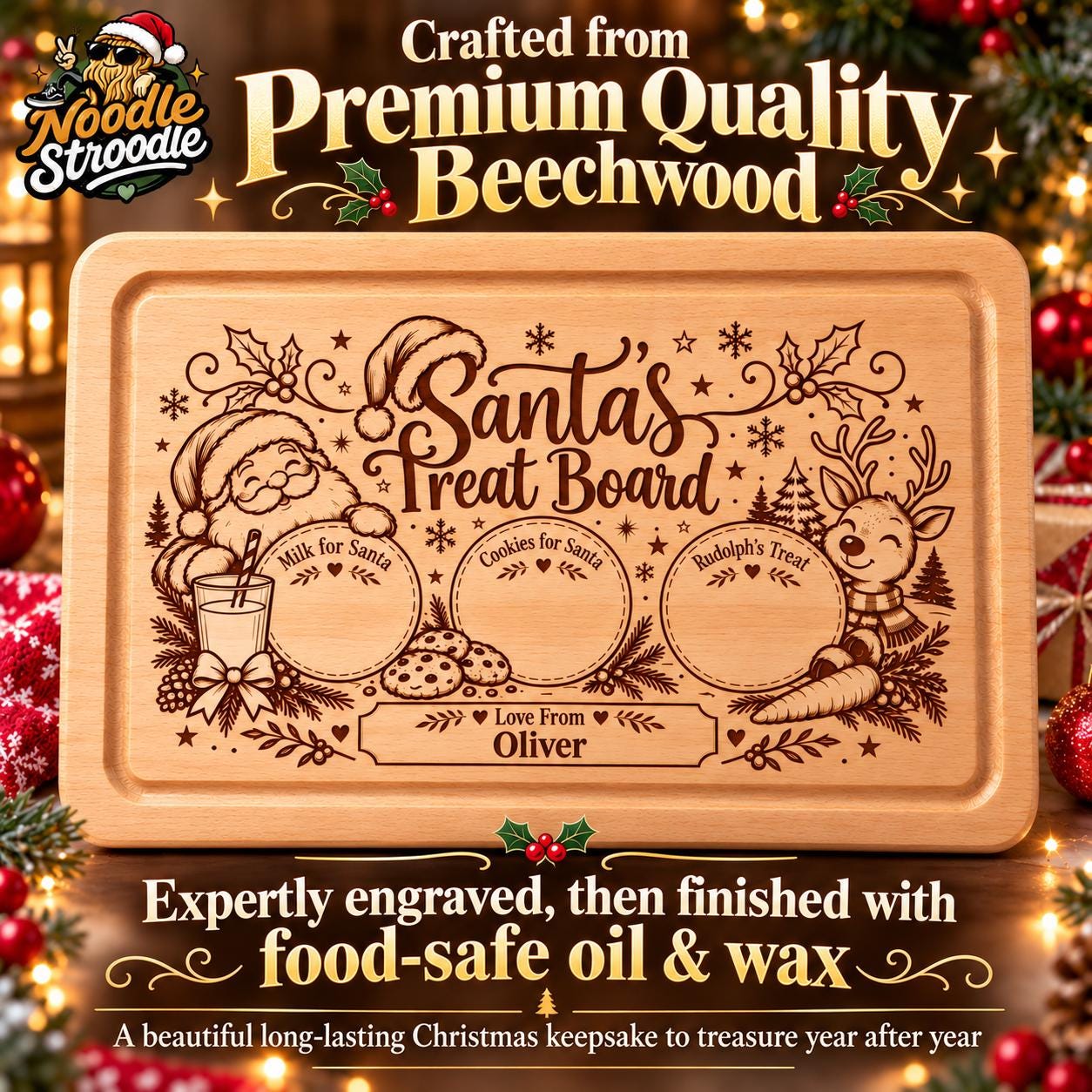 Santa Treat Board, Personalised Solid Beech Wood Christmas Eve Laser Engraved - Image 4
