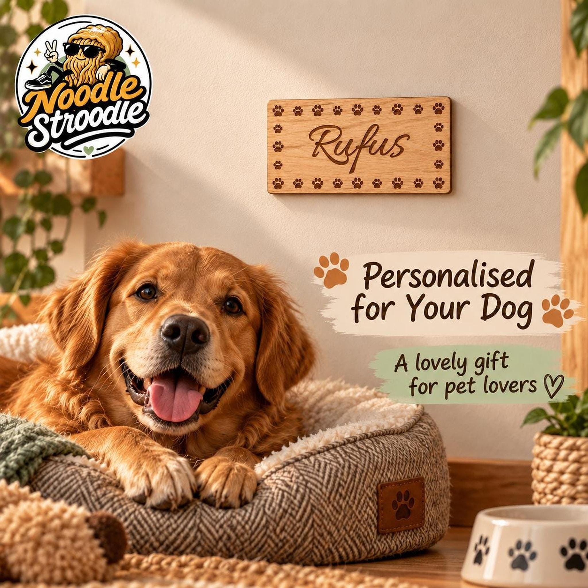 Dog Name Plaque, Laser Engraved Wooden Pet Sign with Paw Prints