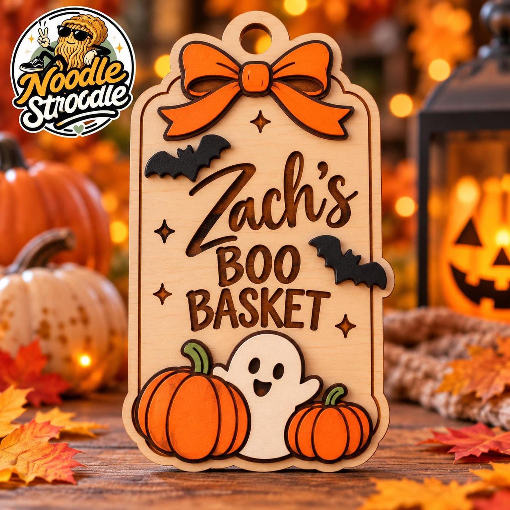 Boo Basket Tag, Personalised Wooden Halloween Name Plaque, 9cm Hand-Painted Design - Image 3