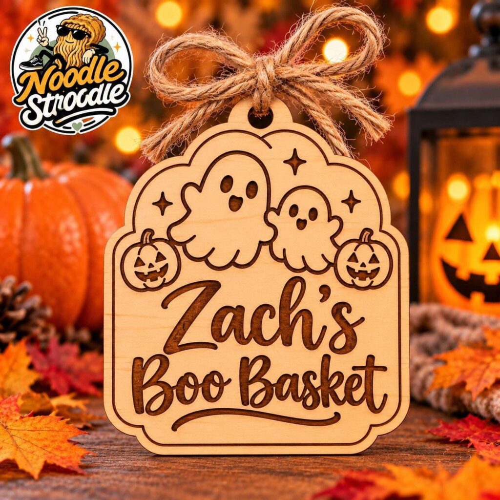 Personalised Wooden Boo Basket Tag, Laser Engraved Halloween Name Tag (9cm)