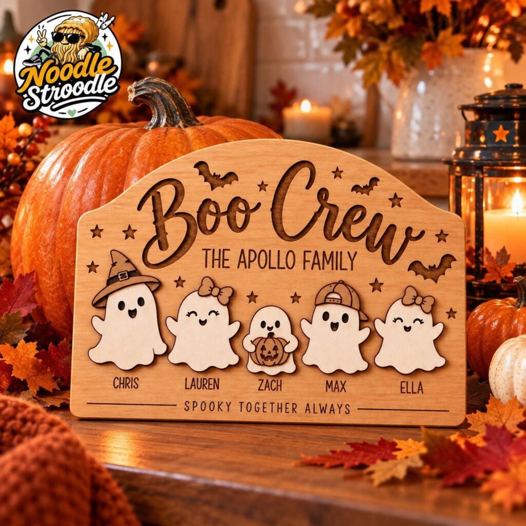 Personalised Halloween Family Sign, Wooden Boo Crew Plaque, Custom Ghost Names, Autumn Home Decor