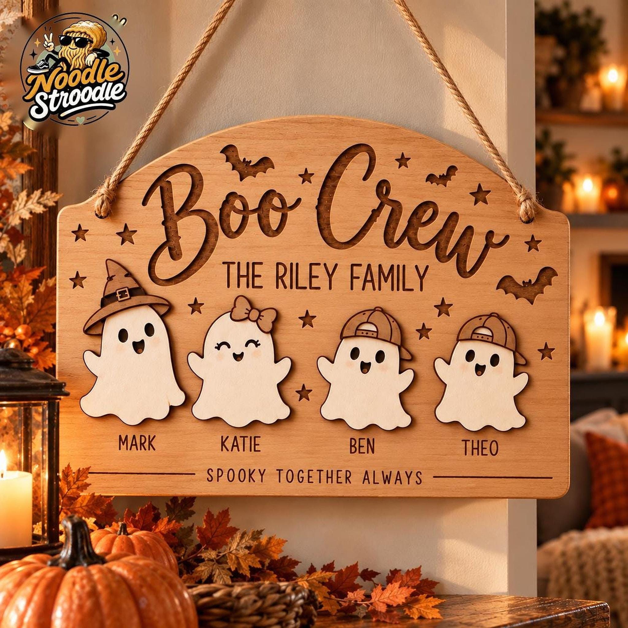 Personalised Halloween Family Sign, Wooden Boo Crew Plaque, Custom Ghost Names, Autumn Home Decor - Image 3