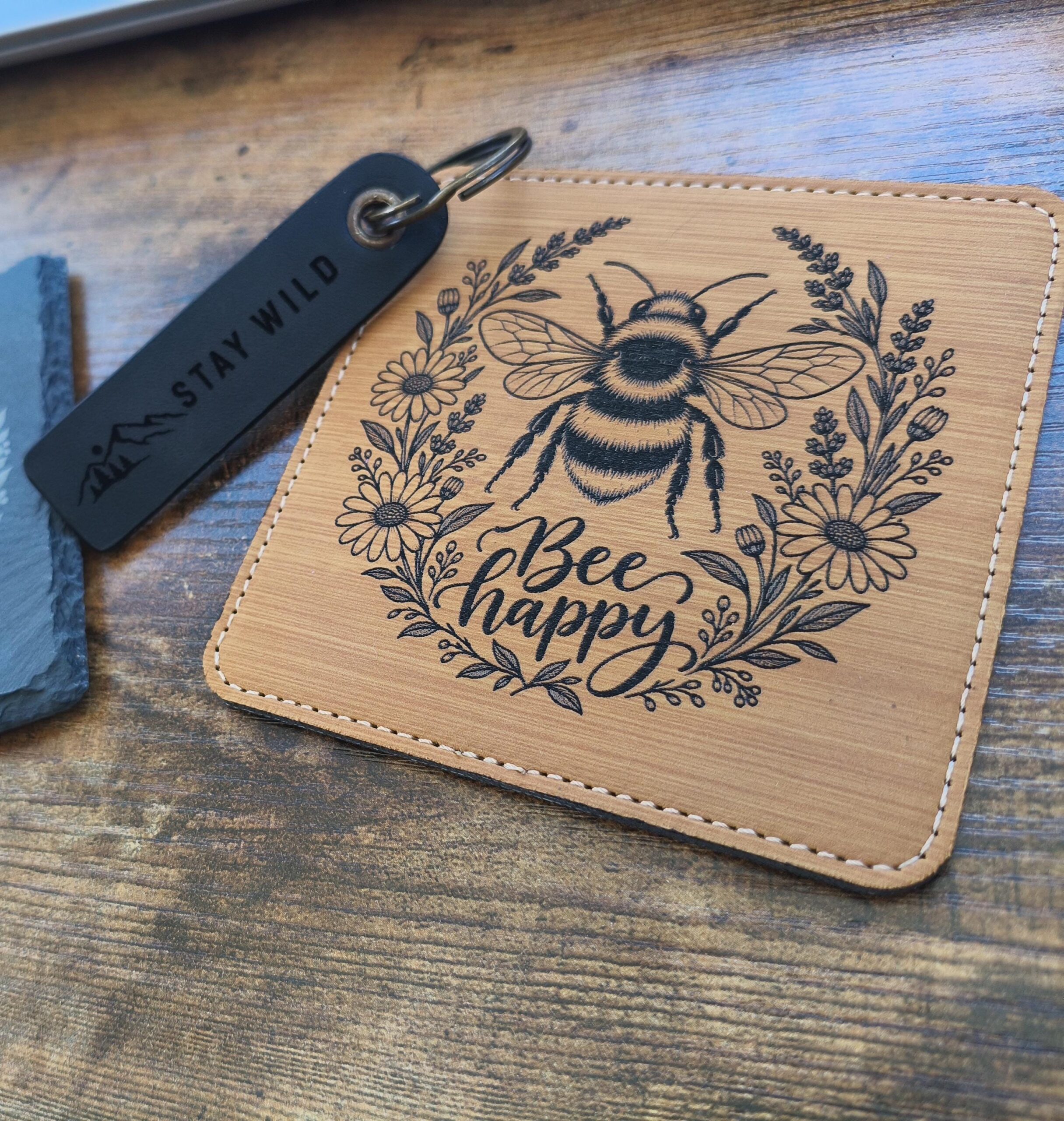 Personalised Coaster With Bee Design, Engraved Leatherette, 10 cm Square Set Options - Image 2