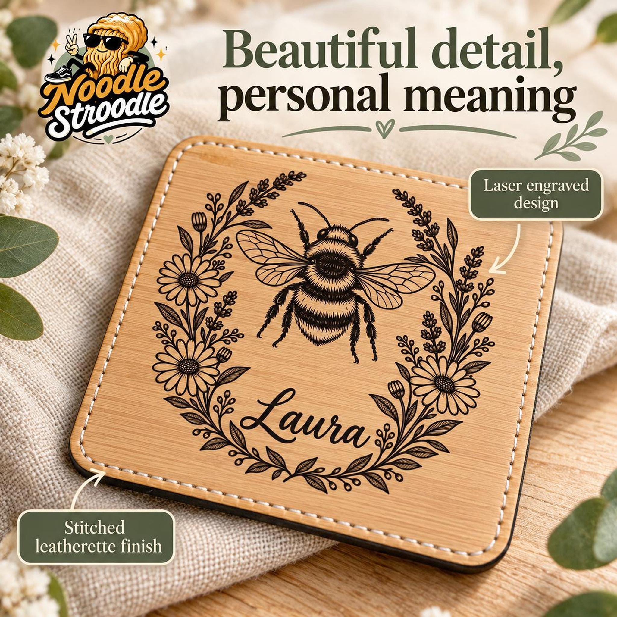 Personalised Coaster With Bee Design, Engraved Leatherette, 10 cm Square Set Options - Image 3