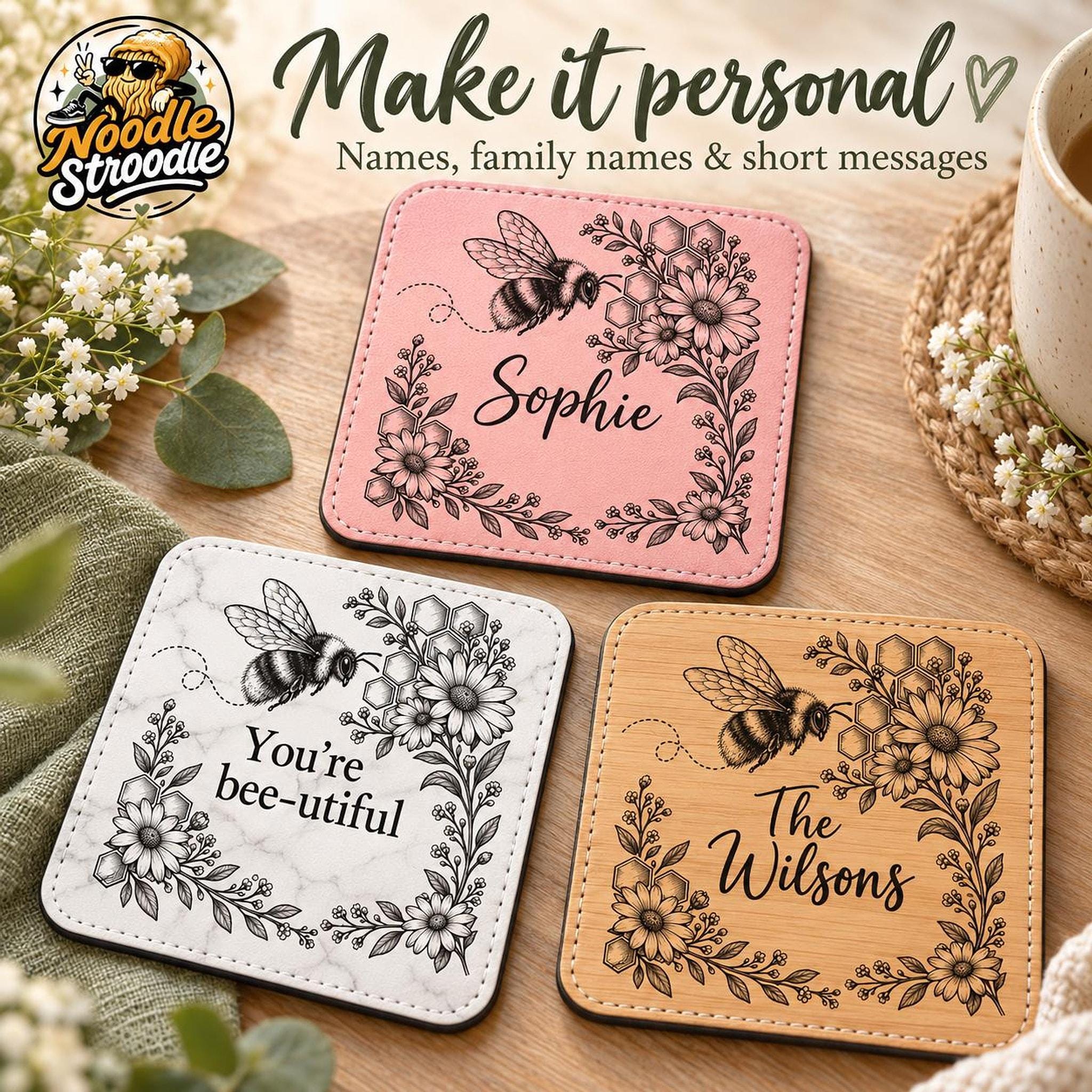 Personalised Coaster With Bee Design, Engraved Leatherette, 10 cm Square Set Options - Image 12
