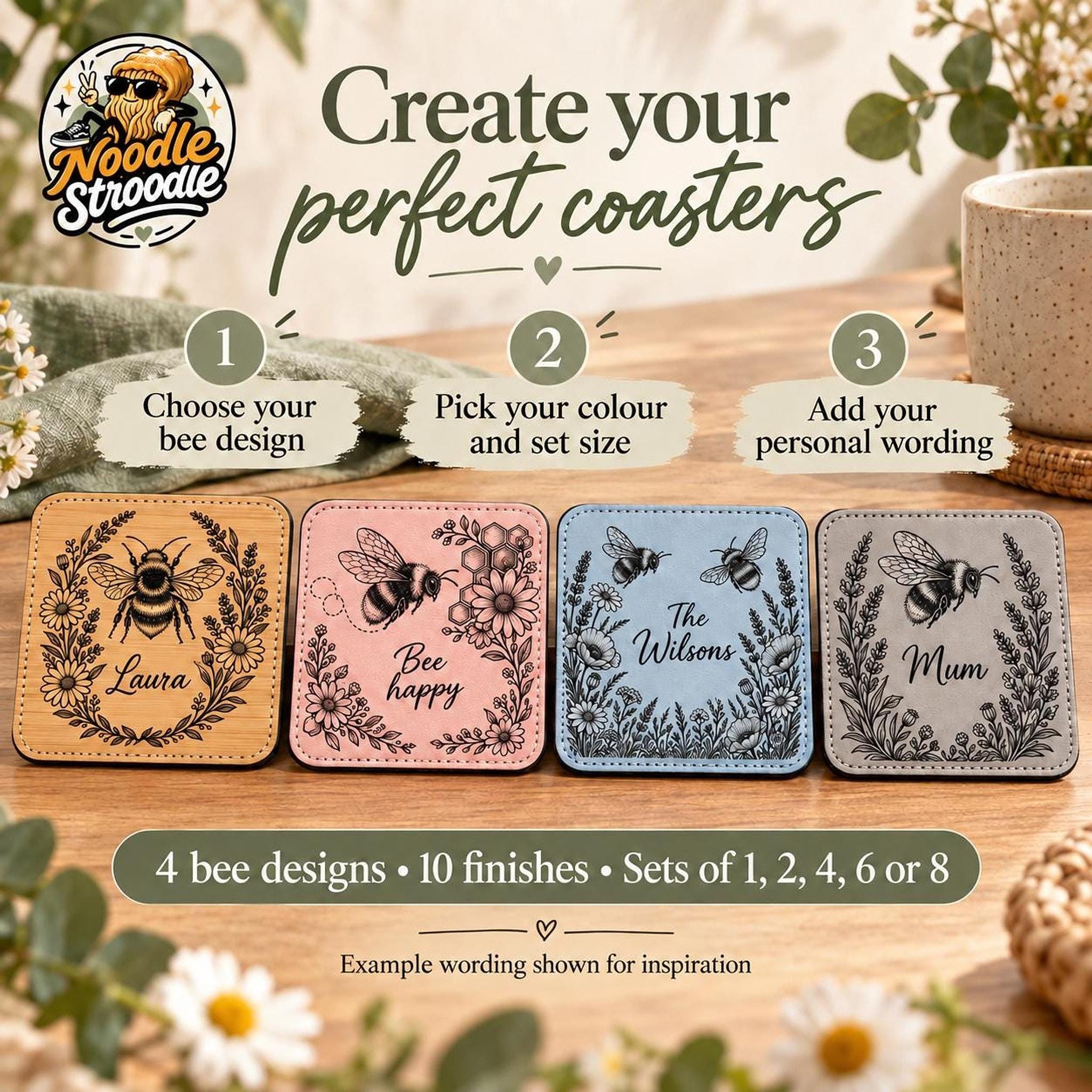 Personalised Coaster With Bee Design, Engraved Leatherette, 10 cm Square Set Options - Image 5