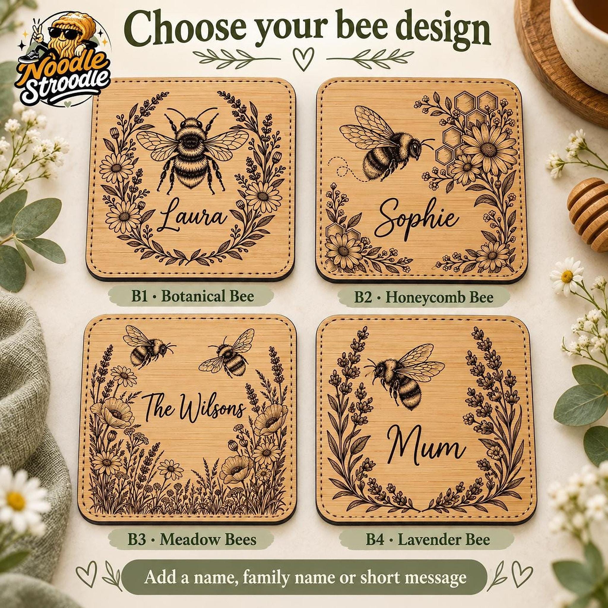 Personalised Coaster With Bee Design, Engraved Leatherette, 10 cm Square Set Options - Image 11